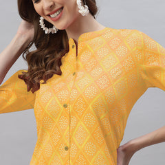 Stylum Women's Bandhani Printed Cotton Blend Straight Kurta (MUSTARDKESAR)