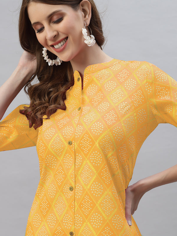 Stylum Women's Bandhani Printed Cotton Blend Straight Kurta (MUSTARDKESAR)