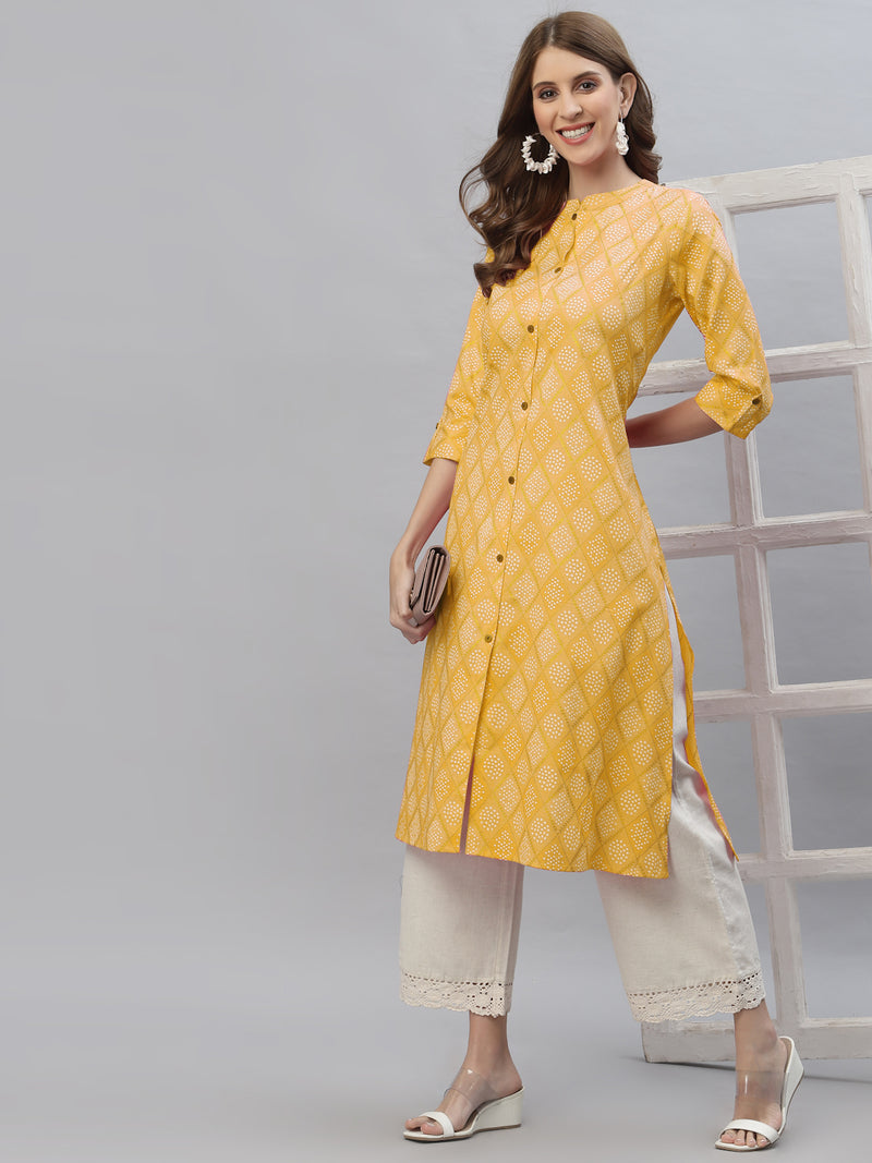 Stylum Women's Bandhani Printed Cotton Blend Straight Kurta (MUSTARDKESAR)