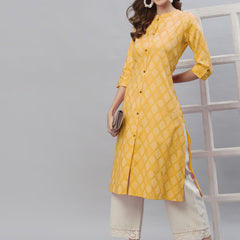 Stylum Women's Bandhani Printed Cotton Blend Straight Kurta (MUSTARDKESAR)