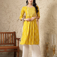 Stylum Women's Mustard Bandhani Printed & Embroidered Rayon Naira Cut Kurta (MUSTARDMARIO)