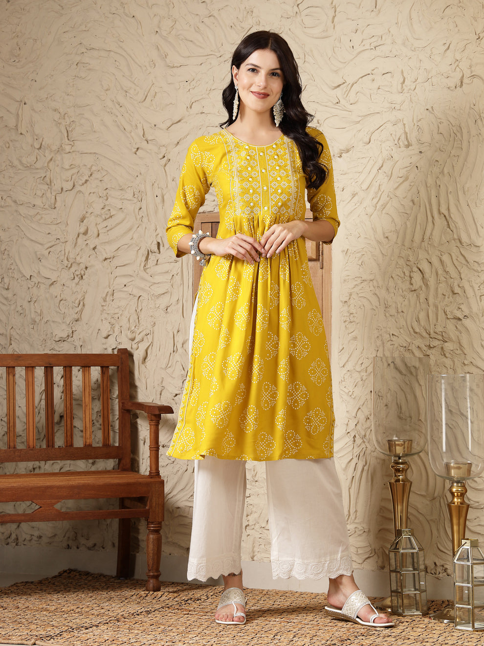 Stylum Women's Embroidered Mustard Rayon Long Kurta - Ankle Length, Floral Print, 3/4 Sleeve (XL)