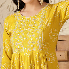 Stylum Women's Mustard Bandhani Printed & Embroidered Rayon Naira Cut Kurta (MUSTARDMARIO)
