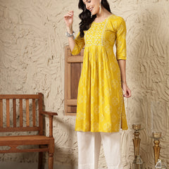 Stylum Women's Mustard Bandhani Printed & Embroidered Rayon Naira Cut Kurta (MUSTARDMARIO)