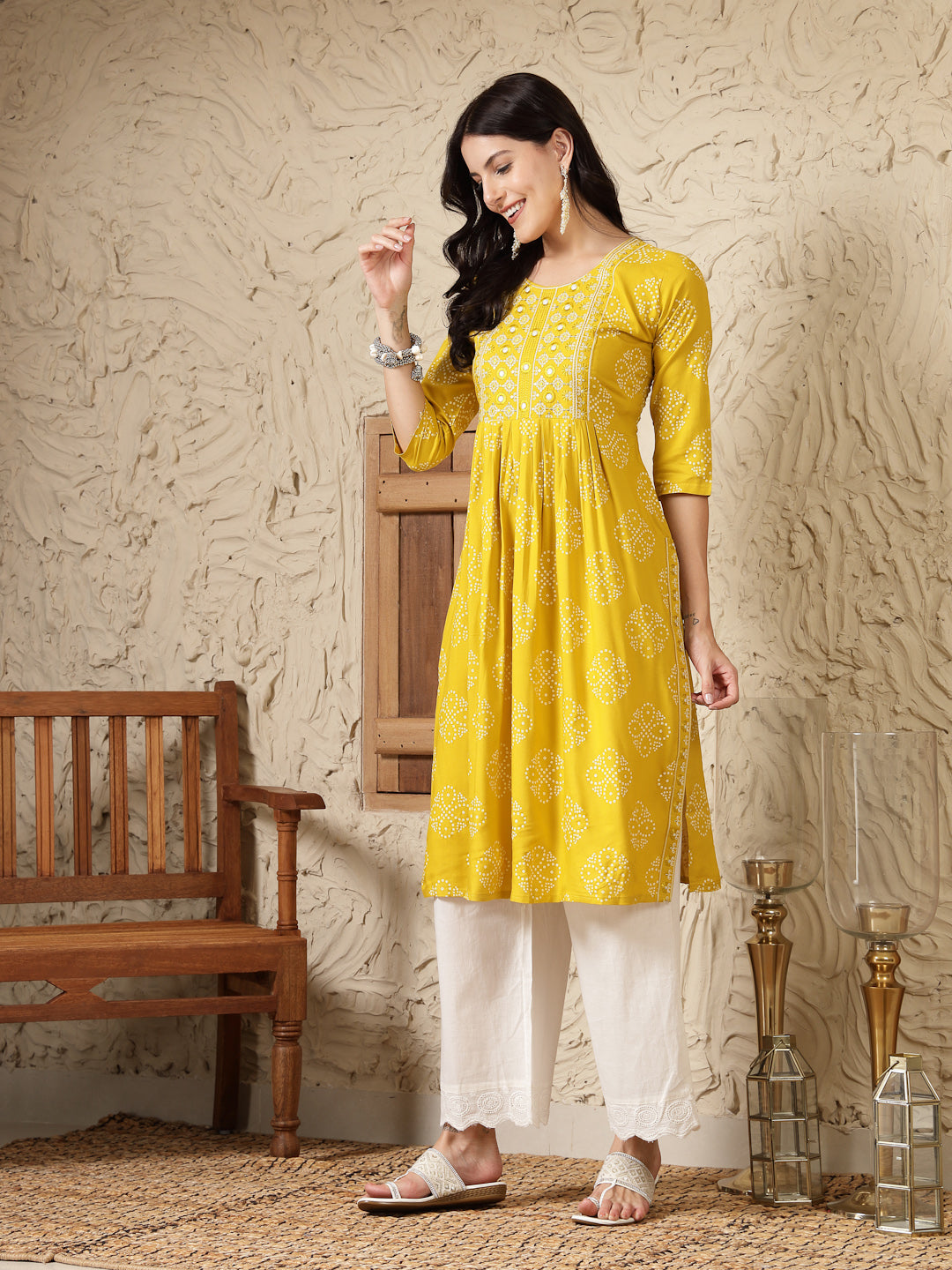 Stylum Women's Mustard Bandhani Printed & Embroidered Rayon Naira Cut Kurta (MUSTARDMARIO)