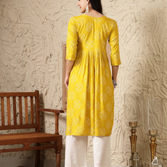 Stylum Women's Mustard Bandhani Printed & Embroidered Rayon Naira Cut Kurta (MUSTARDMARIO)