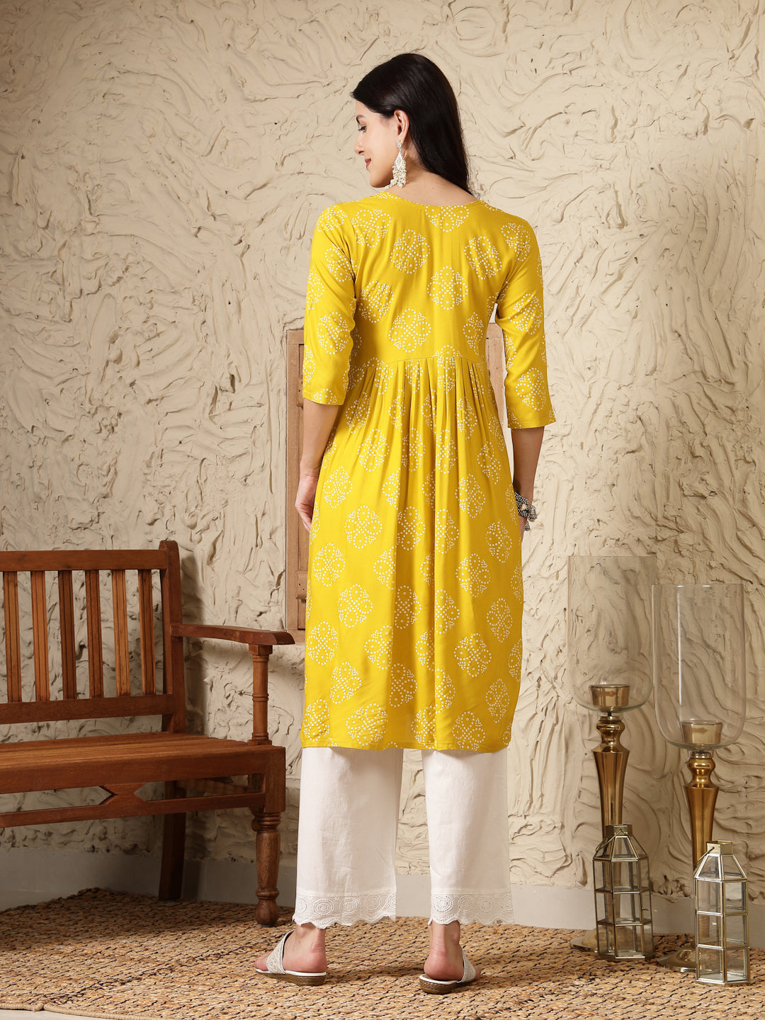 Stylum Women's Mustard Bandhani Printed & Embroidered Rayon Naira Cut Kurta (MUSTARDMARIO)