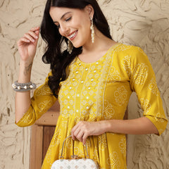Stylum Women's Mustard Bandhani Printed & Embroidered Rayon Naira Cut Kurta (MUSTARDMARIO)