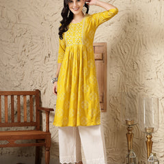 Stylum Women's Mustard Bandhani Printed & Embroidered Rayon Naira Cut Kurta (MUSTARDMARIO)