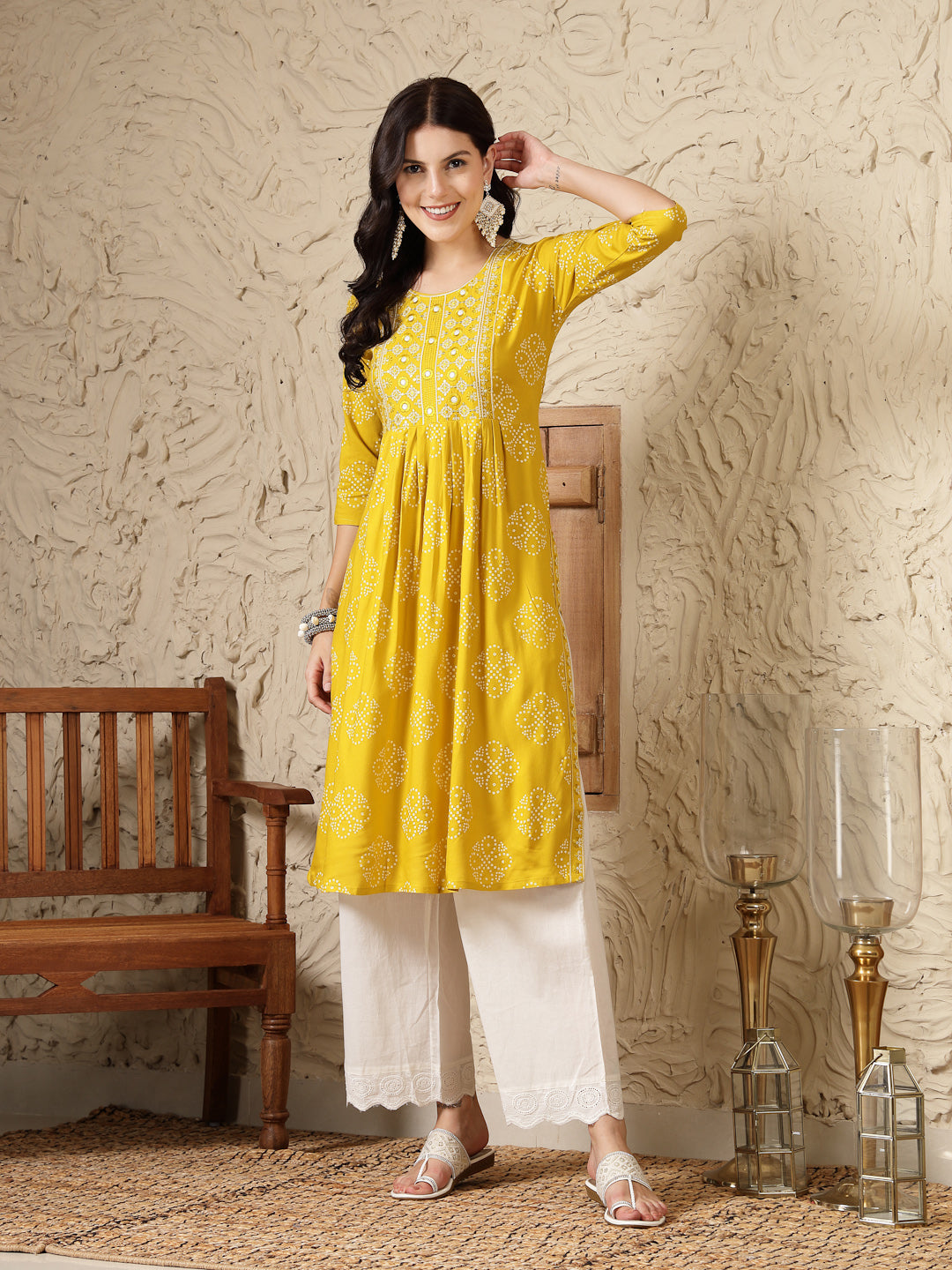 Stylum Women's Mustard Bandhani Printed & Embroidered Rayon Naira Cut Kurta (MUSTARDMARIO)