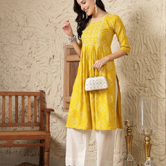 Stylum Women's Mustard Bandhani Printed & Embroidered Rayon Naira Cut Kurta (MUSTARDMARIO)