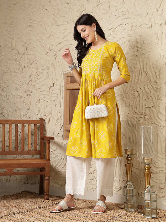 Stylum Women's Mustard Bandhani Printed & Embroidered Rayon Naira Cut Kurta (MUSTARDMARIO)