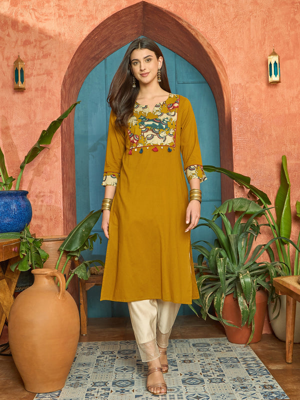 Stylum Women's Mustard Solid Rayon Straight Kurta (MUSTDHARA)