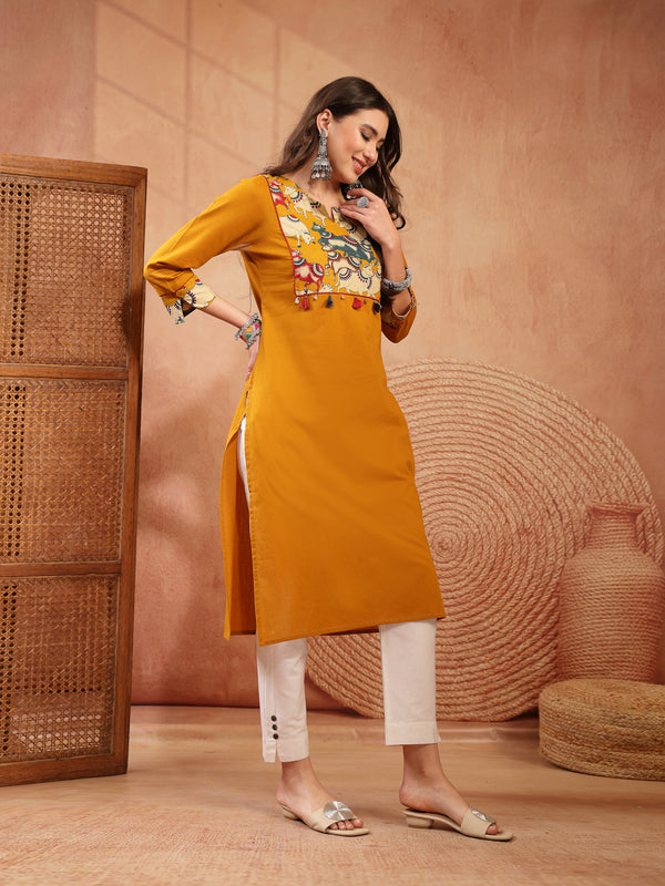 Stylum Women's Mustard Solid Rayon Straight Kurta (MUSTDHARA)