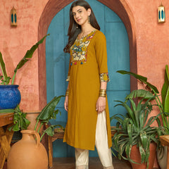Stylum Women's Mustard Solid Rayon Straight Kurta (MUSTDHARA)