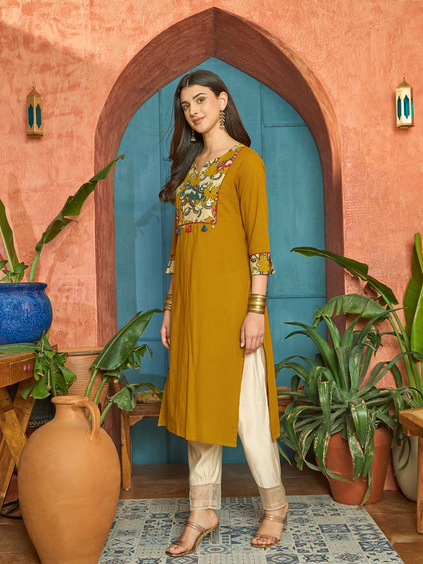 Stylum Women's Mustard Solid Rayon Straight Kurta (MUSTDHARA)