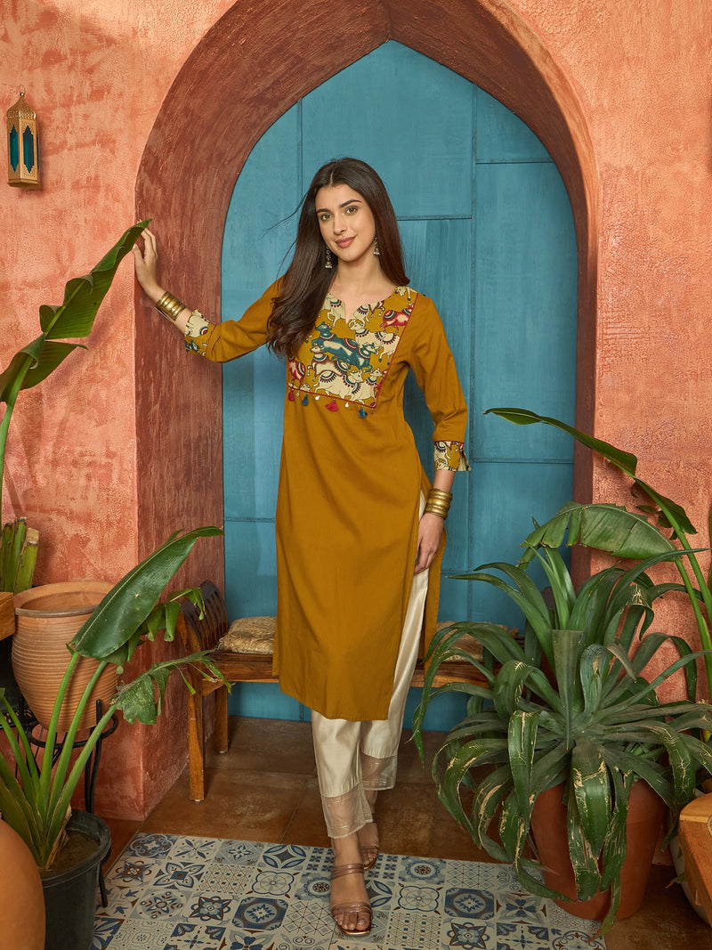 Stylum Women's Mustard Solid Rayon Straight Kurta (MUSTDHARA)