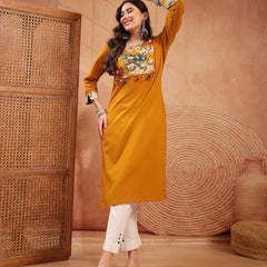 Stylum Women's Mustard Solid Rayon Straight Kurta (MUSTDHARA)