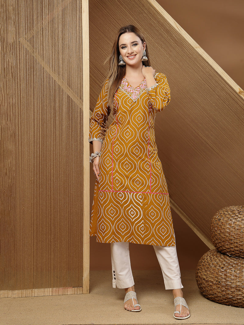 Stylum Women's Mustard Bandhej Printed & Embroidered Cotton Straight Kurta (MUSTGOPI)