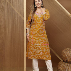 Stylum Women's Mustard Bandhej Printed & Embroidered Cotton Straight Kurta (MUSTGOPI)