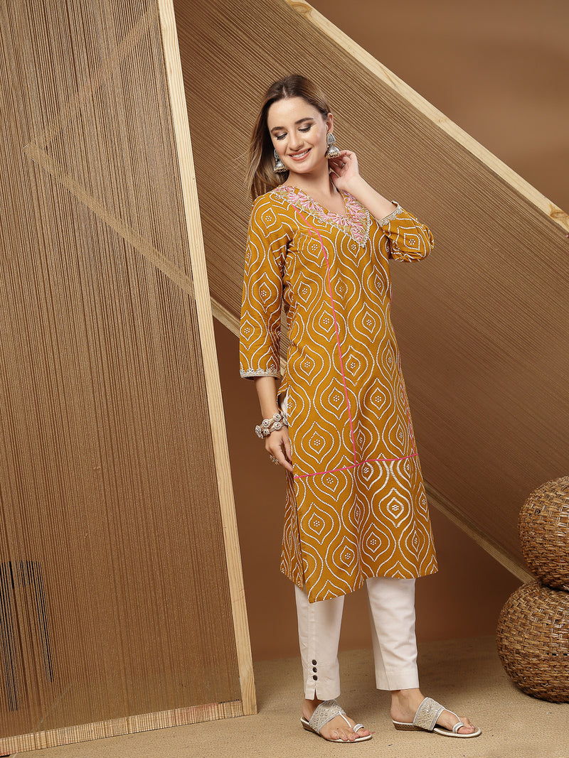 Stylum Women's Mustard Bandhej Printed & Embroidered Cotton Straight Kurta (MUSTGOPI)