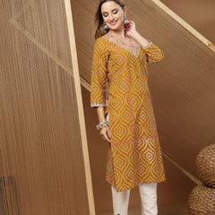 Stylum Women's Mustard Bandhej Printed & Embroidered Cotton Straight Kurta (MUSTGOPI)