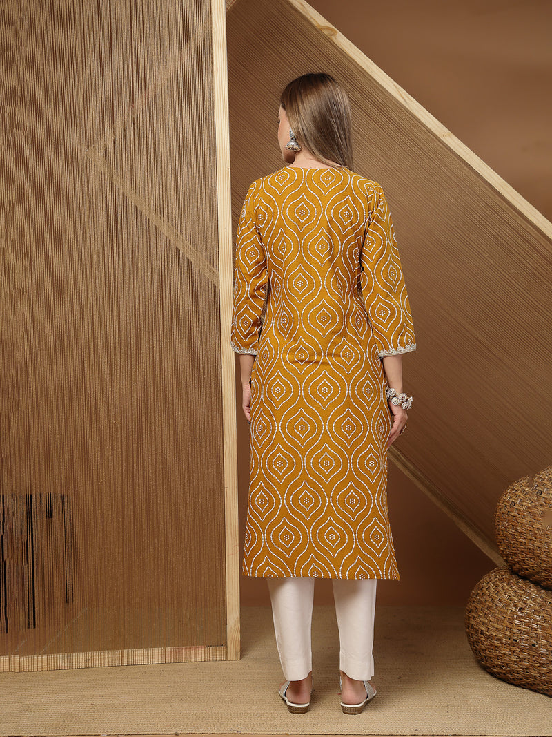 Stylum Women's Mustard Bandhej Printed & Embroidered Cotton Straight Kurta (MUSTGOPI)
