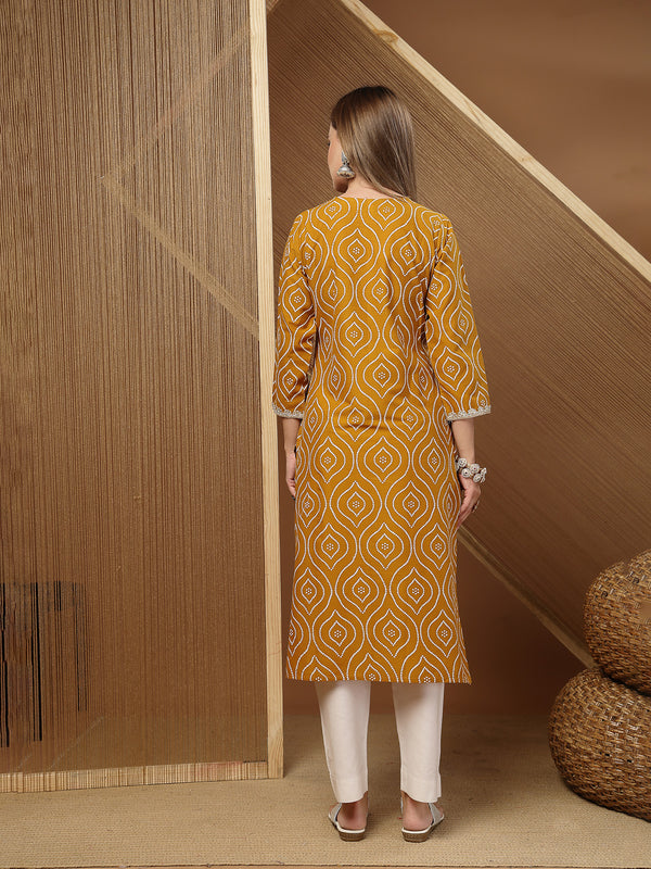 Stylum Women's Mustard Bandhej Printed & Embroidered Cotton Straight Kurta (MUSTGOPI)