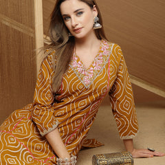 Stylum Women's Mustard Bandhej Printed & Embroidered Cotton Straight Kurta (MUSTGOPI)