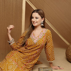 Stylum Women's Mustard Bandhej Printed & Embroidered Cotton Straight Kurta (MUSTGOPI)