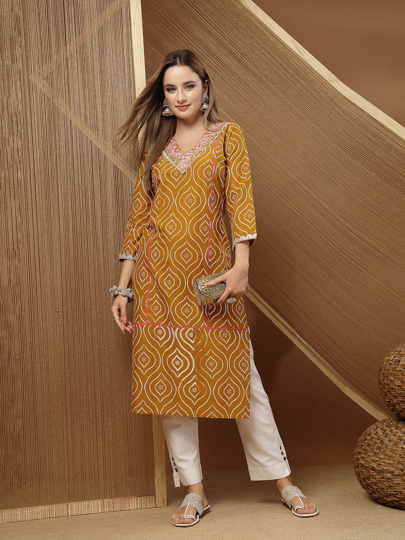 Stylum Women's Mustard Bandhej Printed & Embroidered Cotton Straight Kurta (MUSTGOPI)