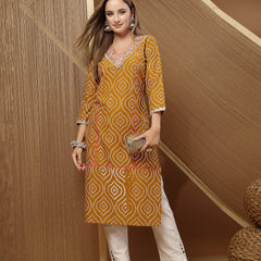 Stylum Women's Mustard Bandhej Printed & Embroidered Cotton Straight Kurta (MUSTGOPI)