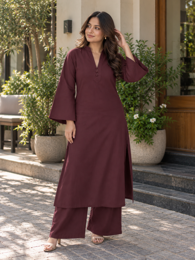 Maroon Solid Flared Kurta Set with Wide Sleeves