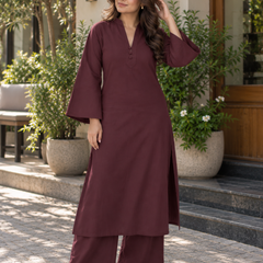 Maroon Solid Flared Kurta Set with Wide Sleeves