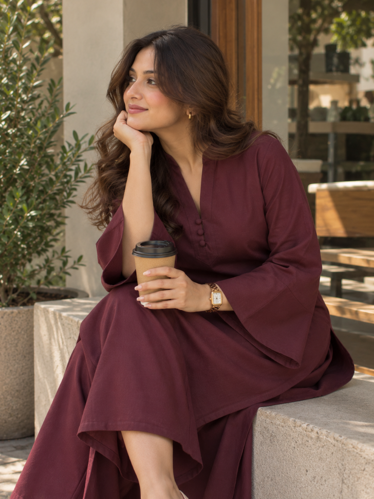 Maroon Solid Flared Kurta Set with Wide Sleeves