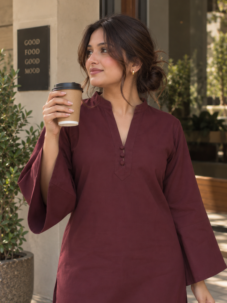 Maroon Solid Flared Kurta Set with Wide Sleeves