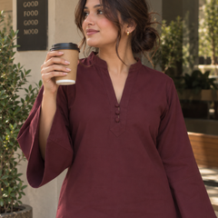 Maroon Solid Flared Kurta Set with Wide Sleeves