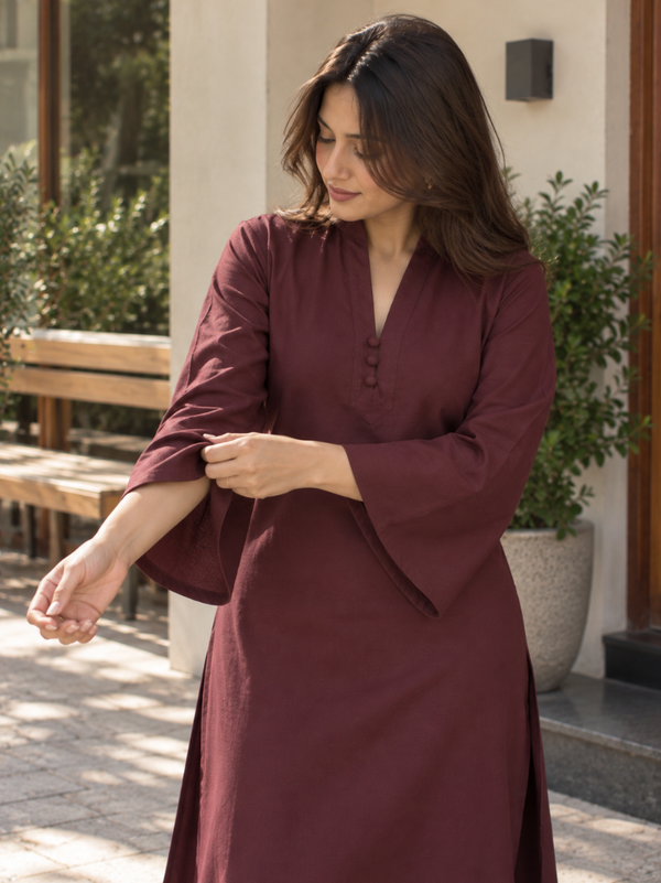 Maroon Solid Flared Kurta Set with Wide Sleeves