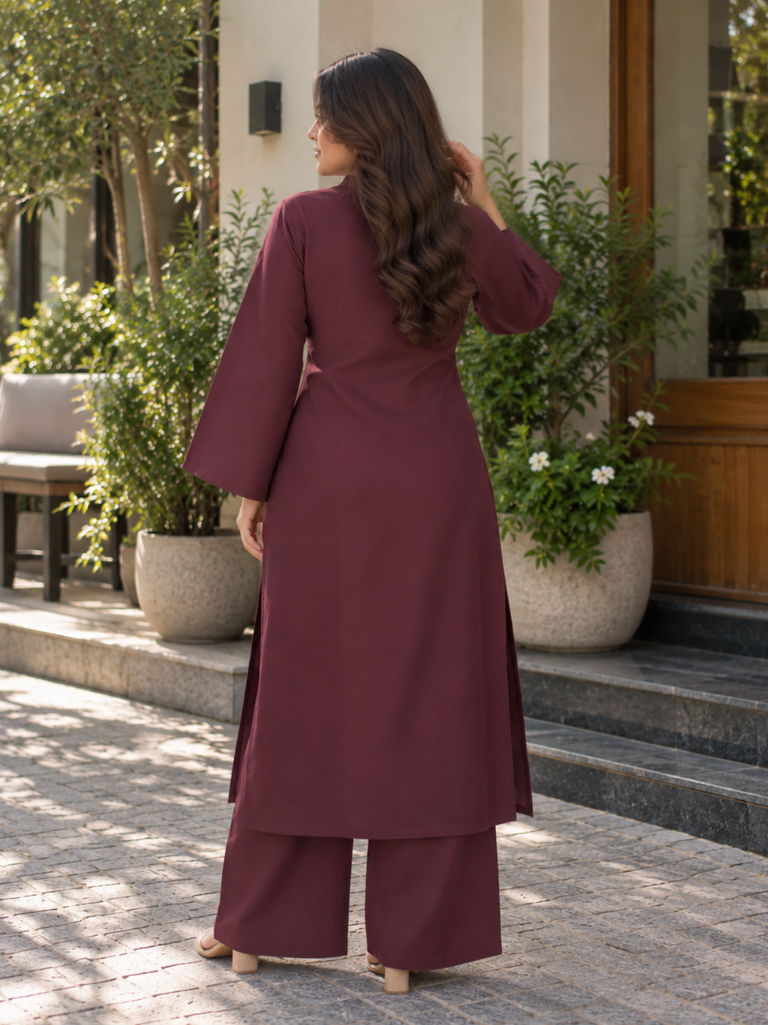 Maroon Solid Flared Kurta Set with Wide Sleeves