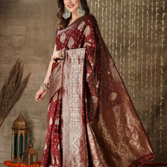 Stylum Women's Ethnic Motifs Woven Design Zari Silk Blend Banarasi Saree (Maroonpaan)