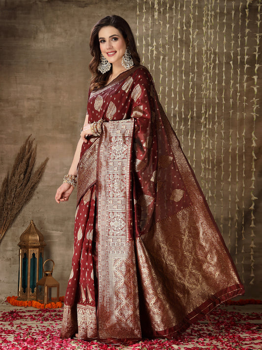 Stylum Women's Ethnic Motifs Woven Design Zari Silk Blend Banarasi Saree (Maroonpaan)
