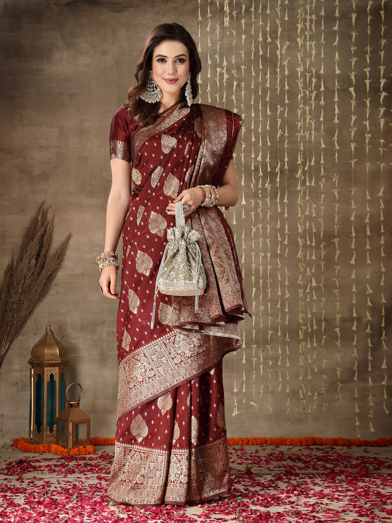 Stylum Women's Ethnic Motifs Woven Design Zari Silk Blend Banarasi Saree (Maroonpaan)