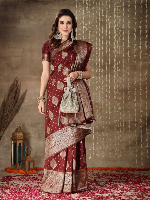 Stylum Women's Ethnic Motifs Woven Design Zari Silk Blend Banarasi Saree (Maroonpaan)
