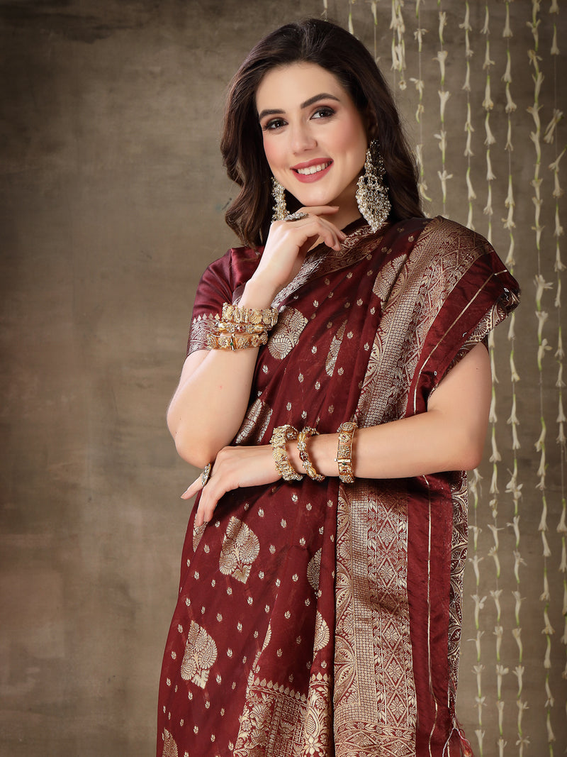 Stylum Women's Ethnic Motifs Woven Design Zari Silk Blend Banarasi Saree (Maroonpaan)