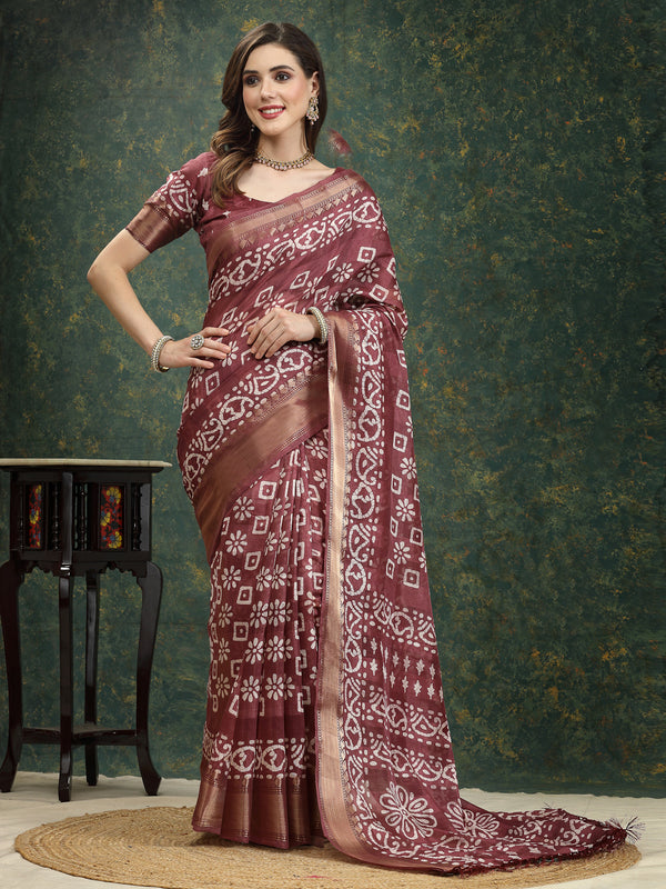 Stylum Women's Batik Print Cotton Blend Saree (Mauvedaabu)