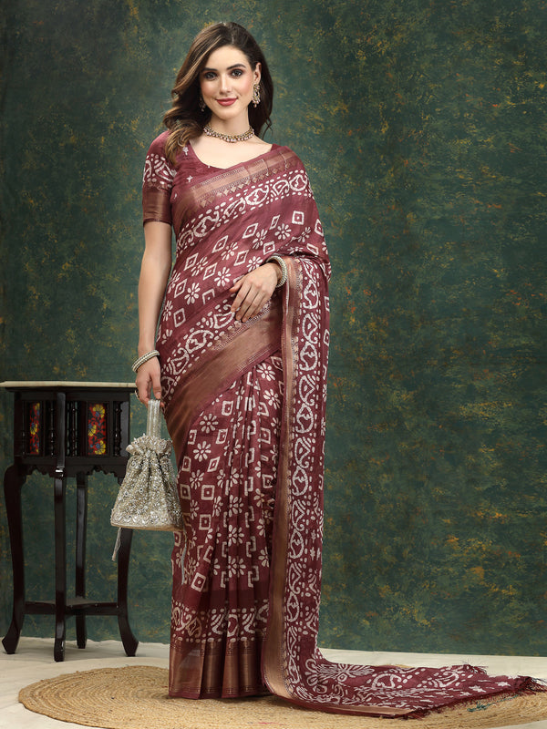 Stylum Women's Batik Print Cotton Blend Saree (Mauvedaabu)