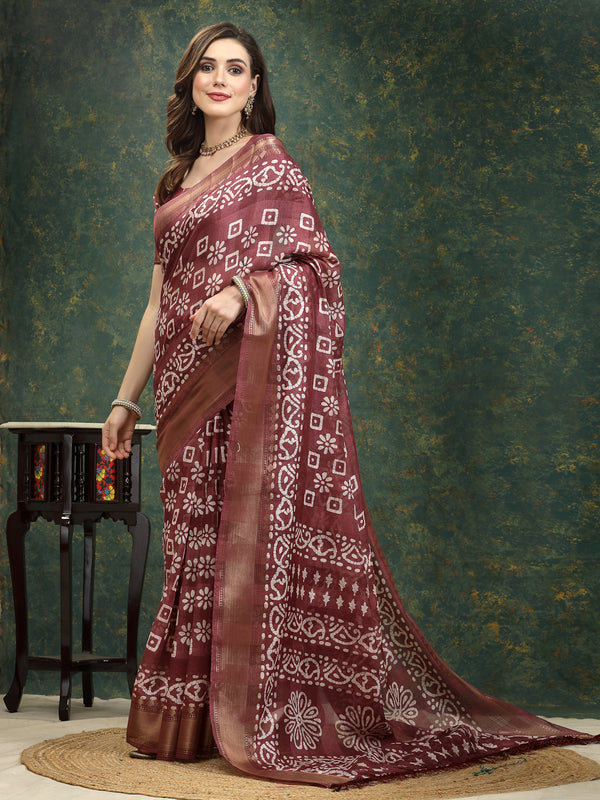 Stylum Women's Batik Print Cotton Blend Saree (Mauvedaabu)