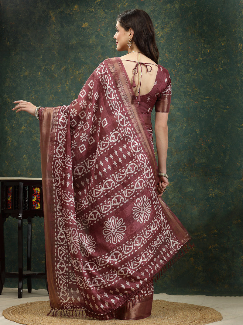 Stylum Women's Batik Print Cotton Blend Saree (Mauvedaabu)