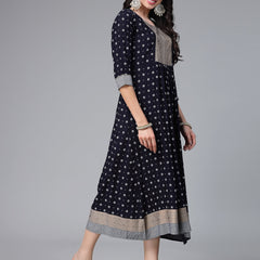 Stylum Women's Floral Printed Rayon Flared Kurta (NAVYSIGMA)