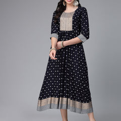 Stylum Women's Floral Printed Rayon Flared Kurta (NAVYSIGMA)